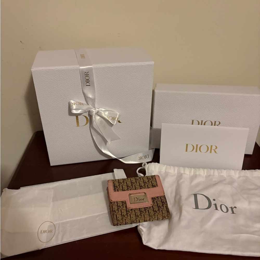 Dior Brown Monogram Canvas Wallet with Pink Trim